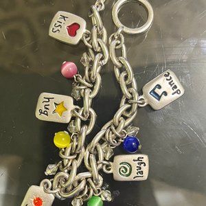 Vintage Girls Charm Bracelet Dance, hug, kiss, laugh, love, rhinestones